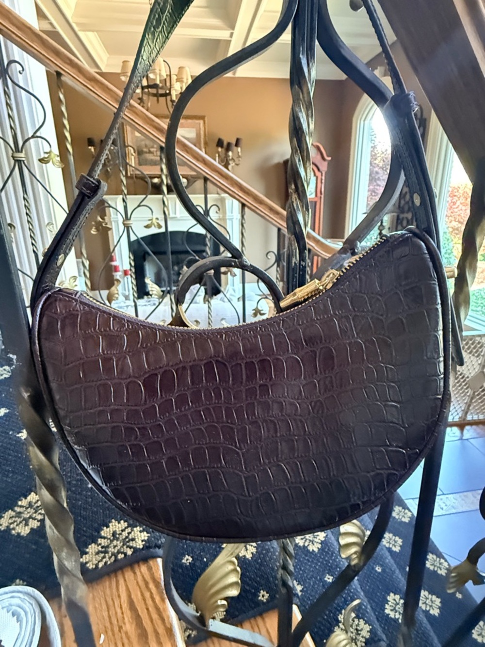 J.McLaughlin NWOT Crossbody in Dark Brown Croc-Embossed Leather.